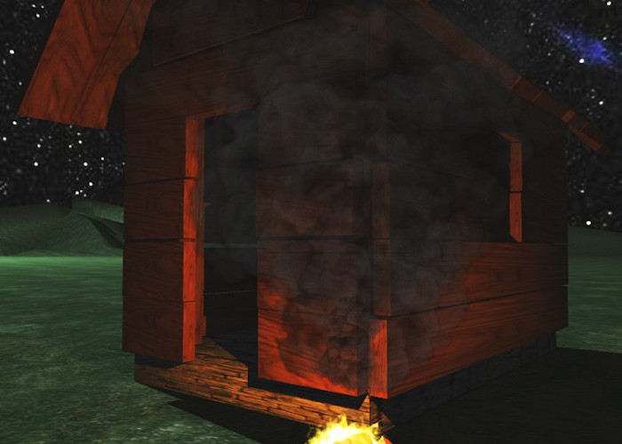 Cabin at night next to campfire