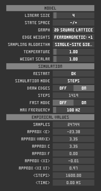 GUI: model options, simulation options, empirical values