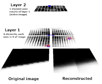 Internal representations and reconstructions of an image sample with several topographic mixture models embedded within a multi-layered Bayesian network