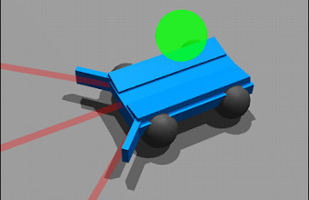 A simulated robot with a green curiosity indicator